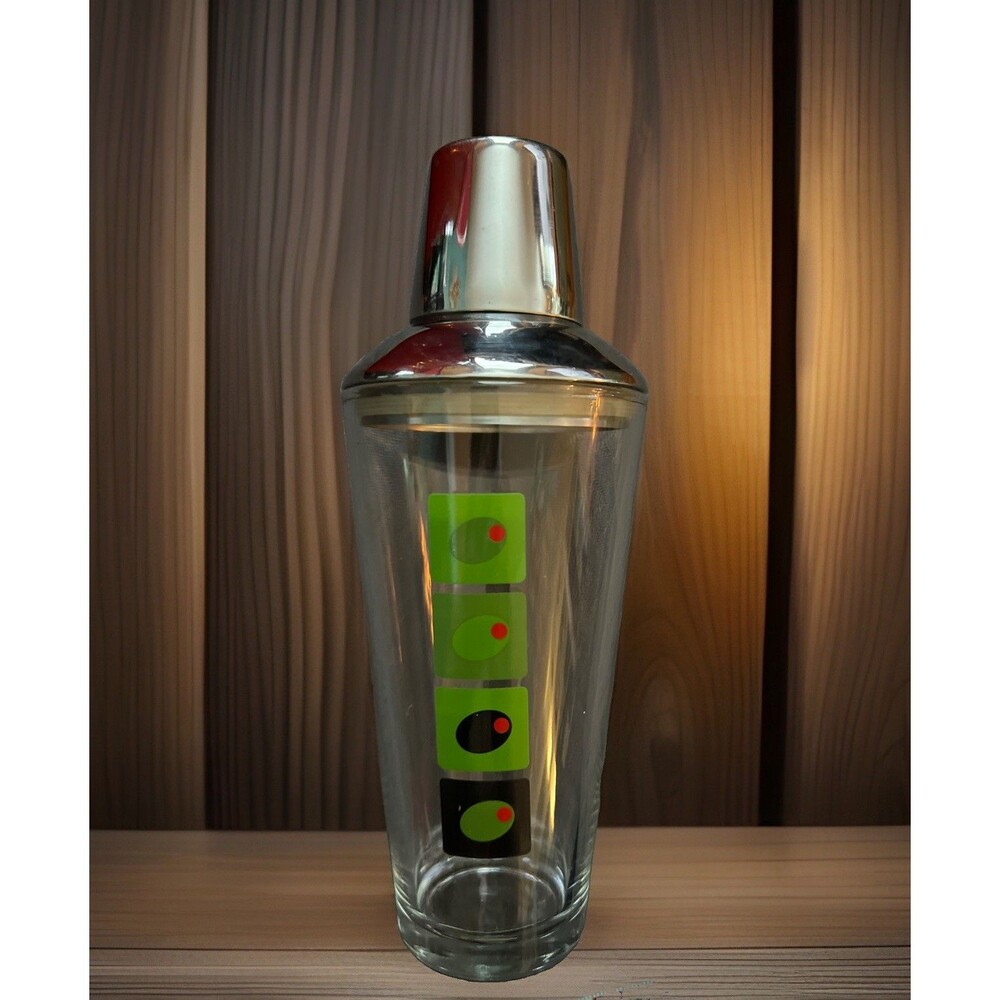 Vintage MCM 10” Glass Cocktail Shaker Green Olive Stainless Steel Lid & Strainer